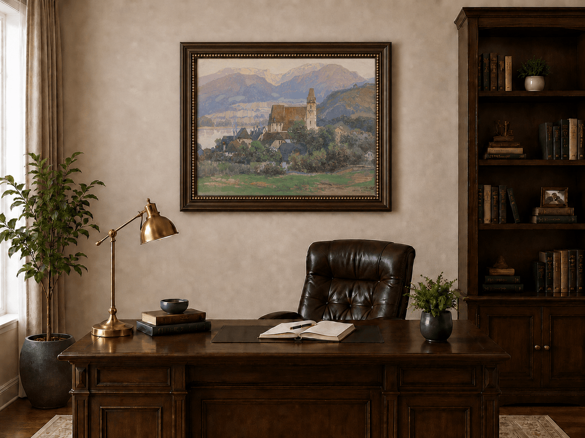 Peinture à l'huile de paysage - Gouffre rocheux spectaculaire avec personnages