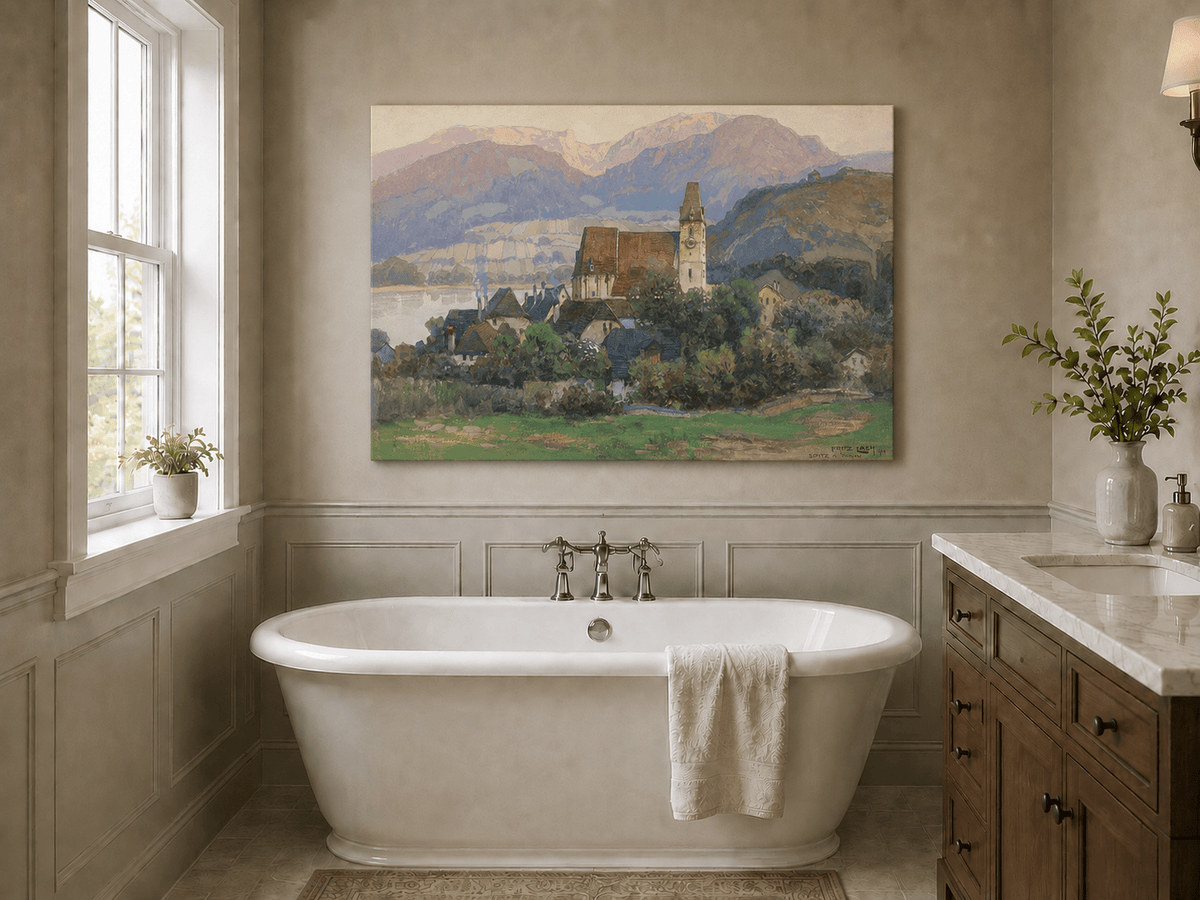 Peinture à l'huile de paysage - Gouffre rocheux spectaculaire avec personnages