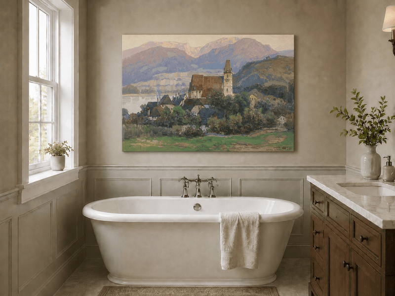 Peinture à l'huile de paysage - Gouffre rocheux spectaculaire avec personnages