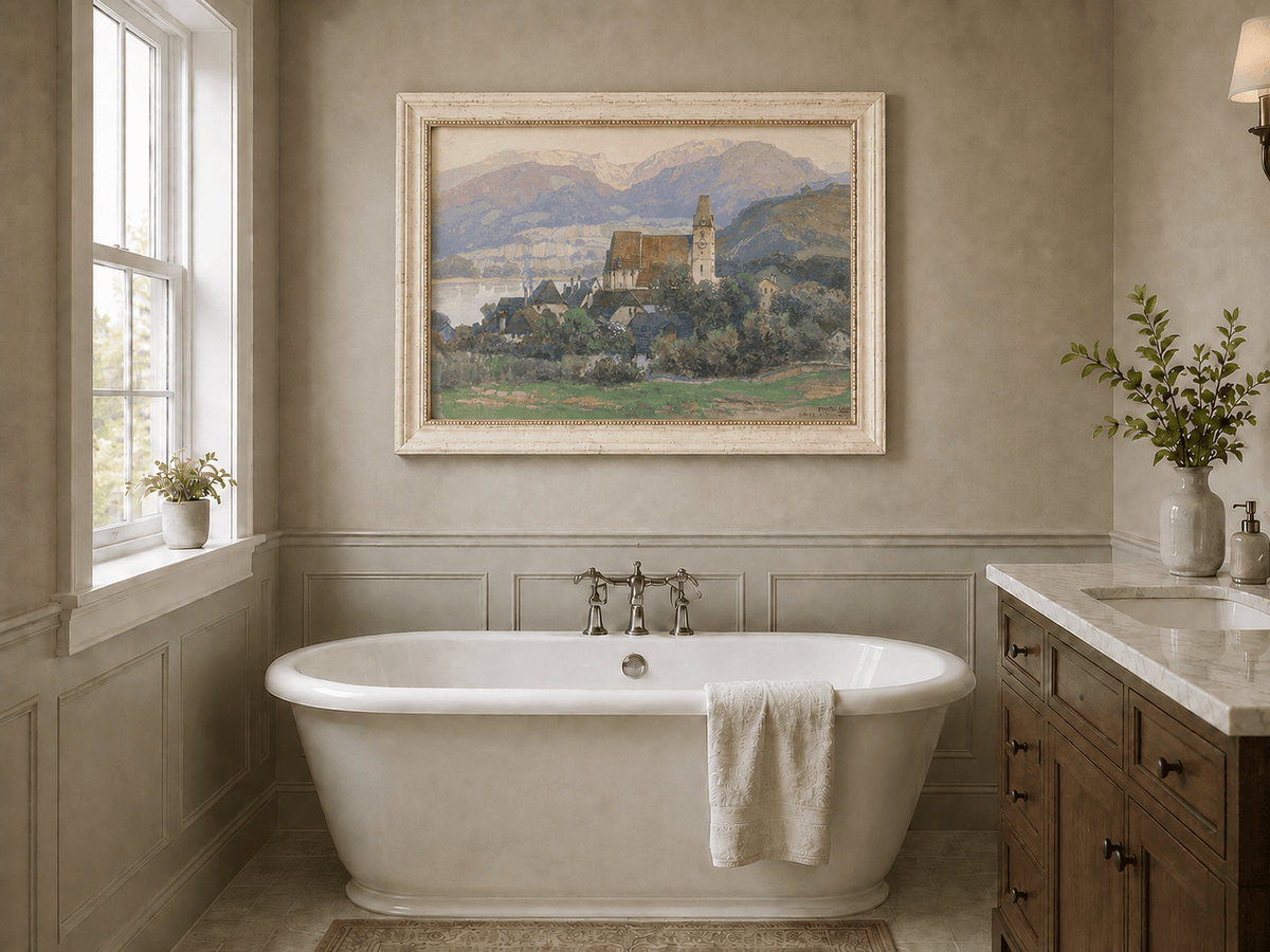 Peinture à l'huile de paysage - Gouffre rocheux spectaculaire avec personnages