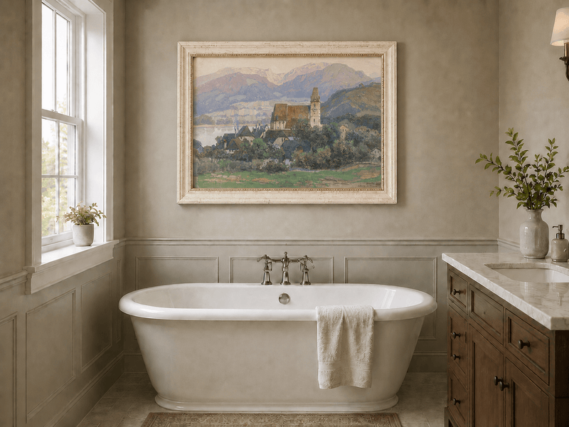 Peinture à l'huile de paysage - Gouffre rocheux spectaculaire avec personnages