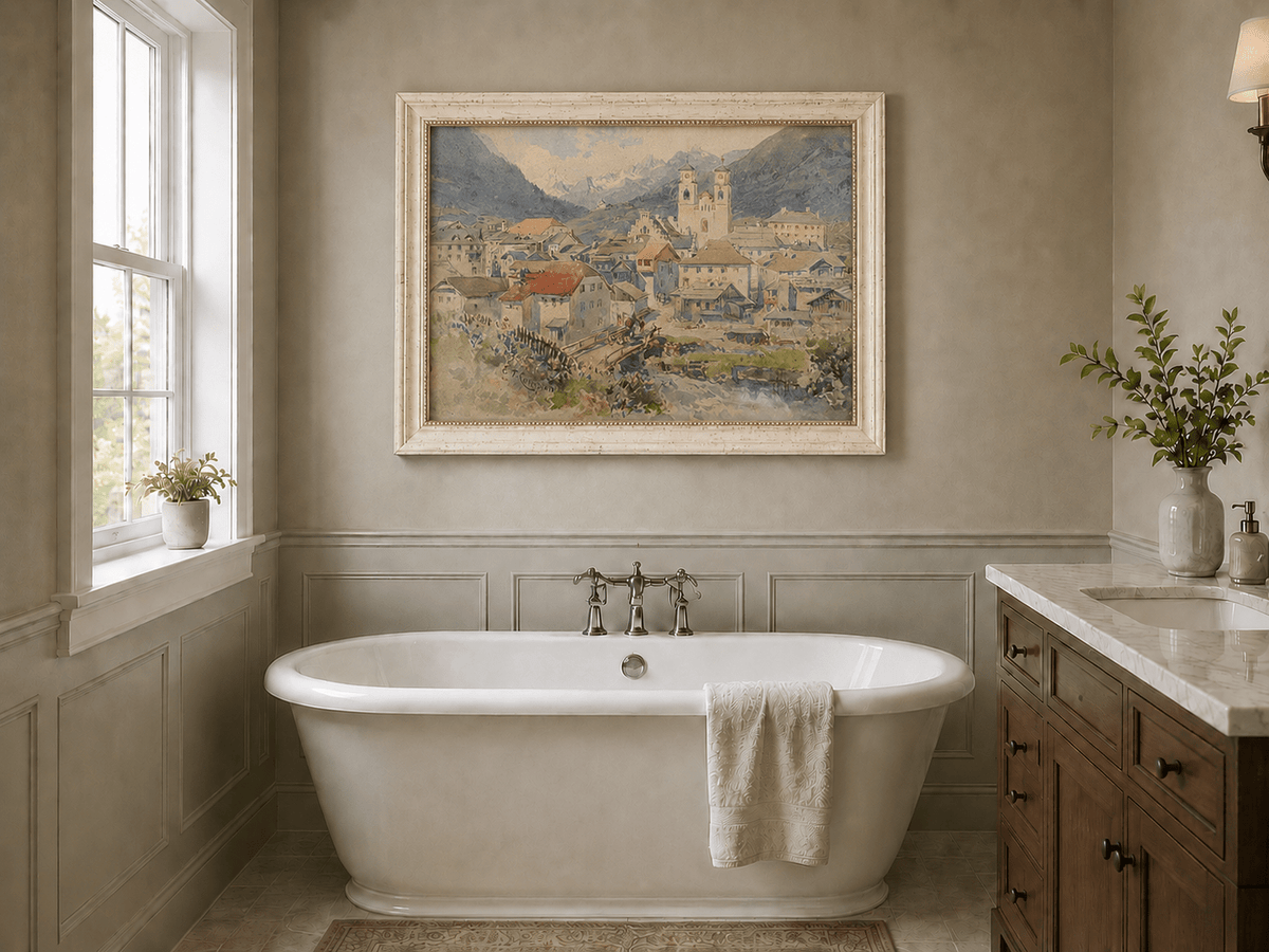 Peinture à l'huile de paysage - Village alpin, église, vue sur la montagne