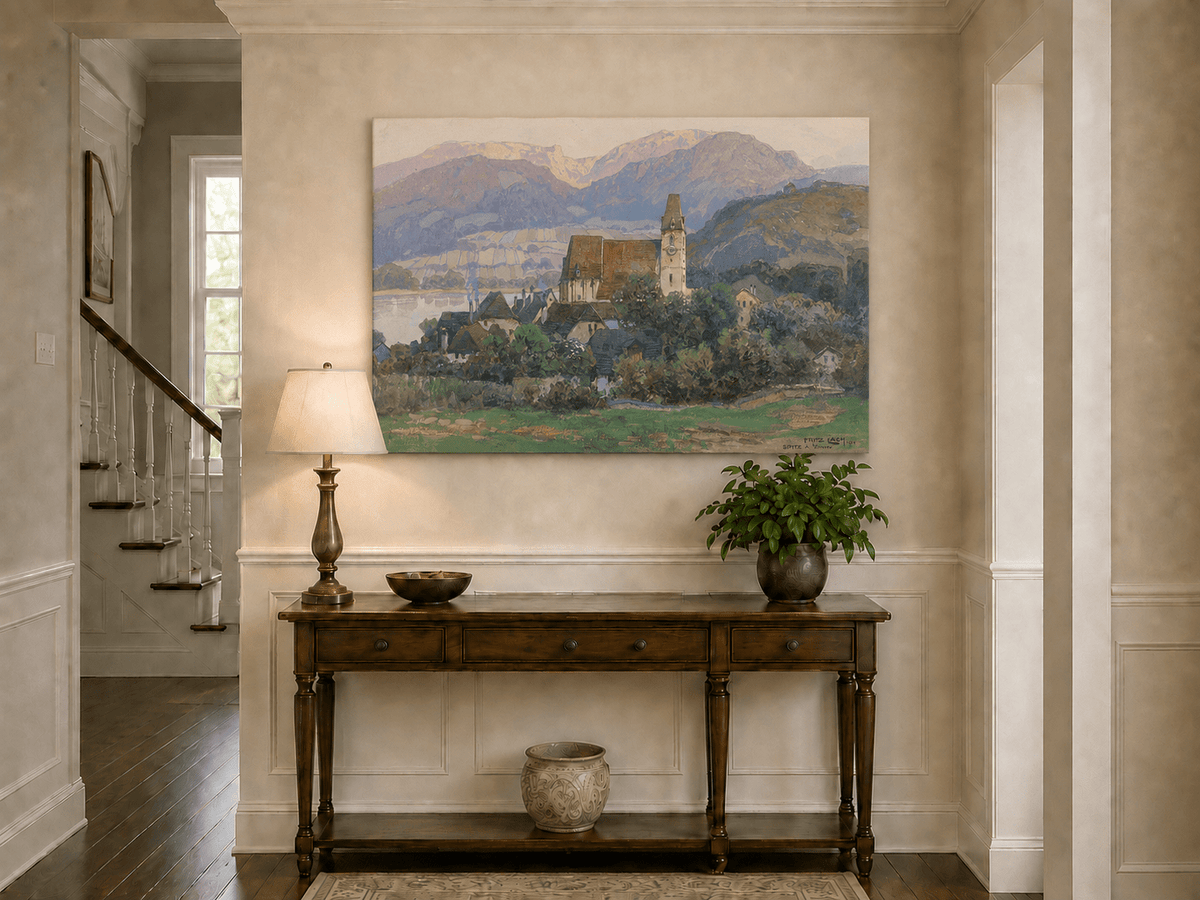 Peinture à l'huile de paysage - Gouffre rocheux spectaculaire avec personnages