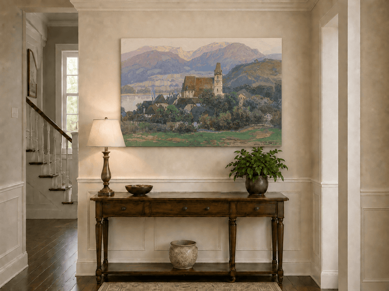 Peinture à l'huile de paysage - Gouffre rocheux spectaculaire avec personnages