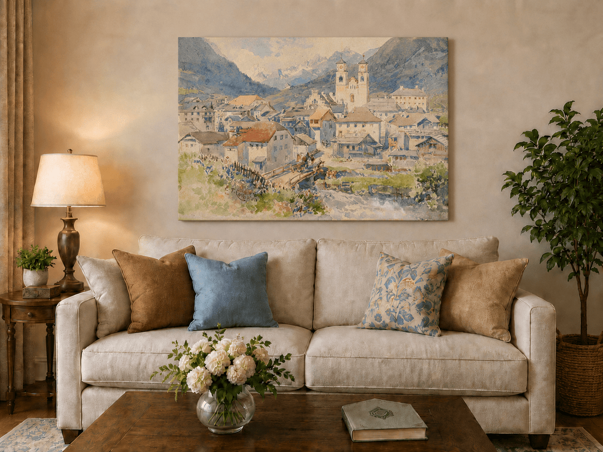 Peinture à l'huile de paysage - Village alpin, église, vue sur la montagne