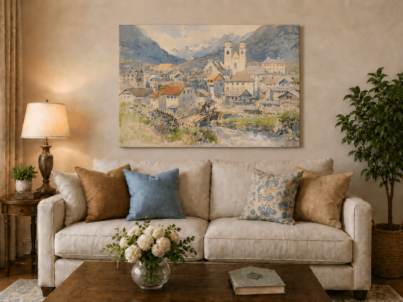 Peinture à l'huile de paysage - Village alpin, église, vue sur la montagne