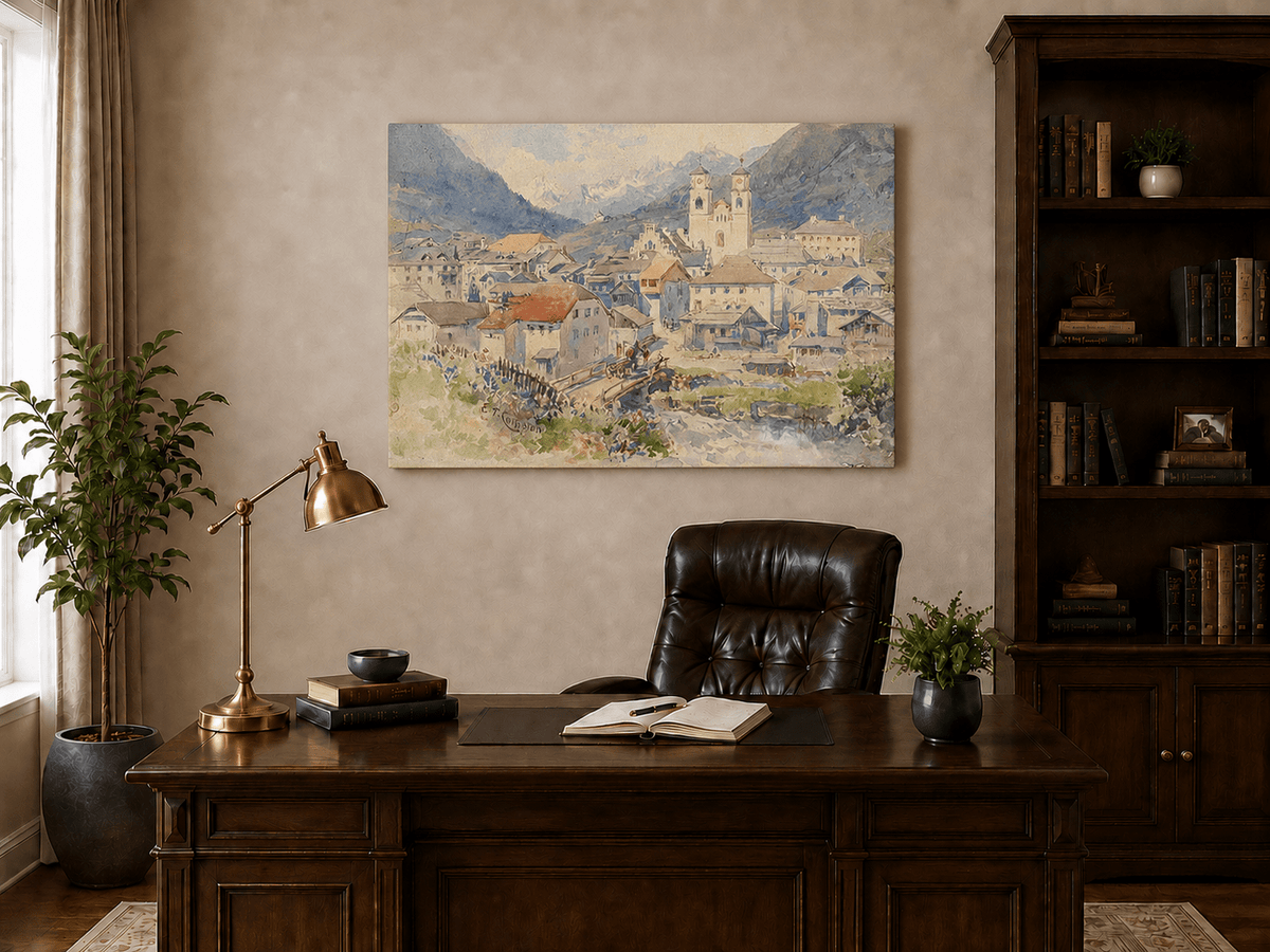 Peinture à l'huile de paysage - Village alpin, église, vue sur la montagne