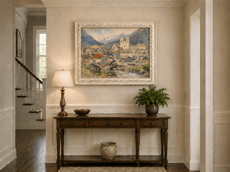 Peinture à l'huile de paysage - Village alpin, église, vue sur la montagne