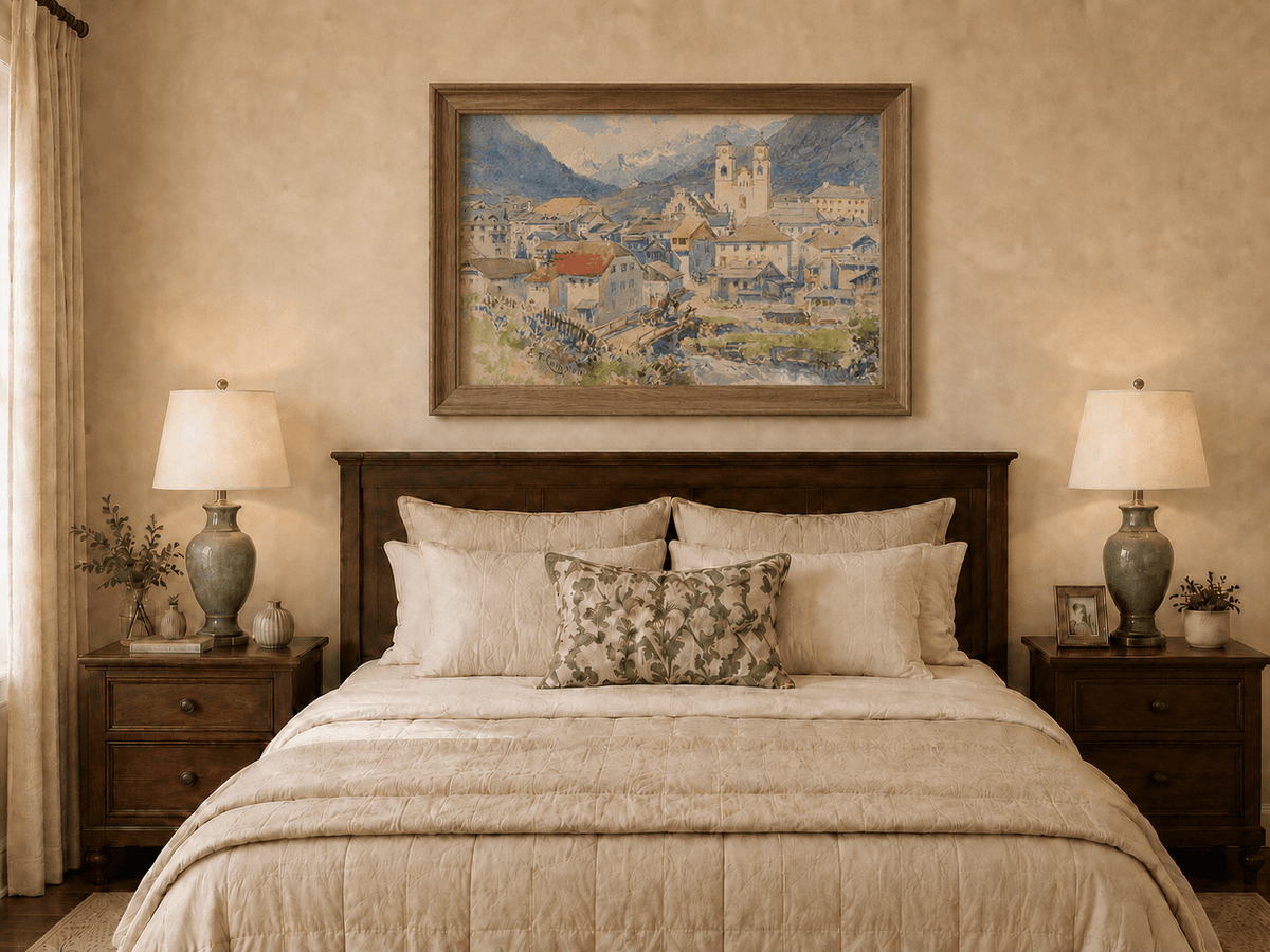 Peinture à l'huile de paysage - Village alpin, église, vue sur la montagne