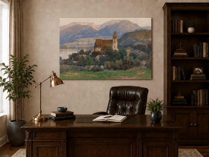 Peinture à l'huile de paysage - Gouffre rocheux spectaculaire avec personnages