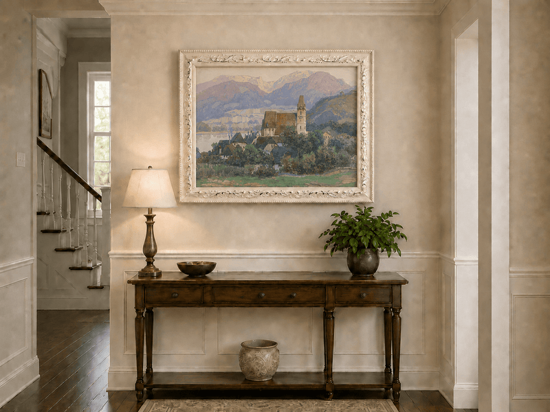 Peinture à l'huile de paysage - Gouffre rocheux spectaculaire avec personnages