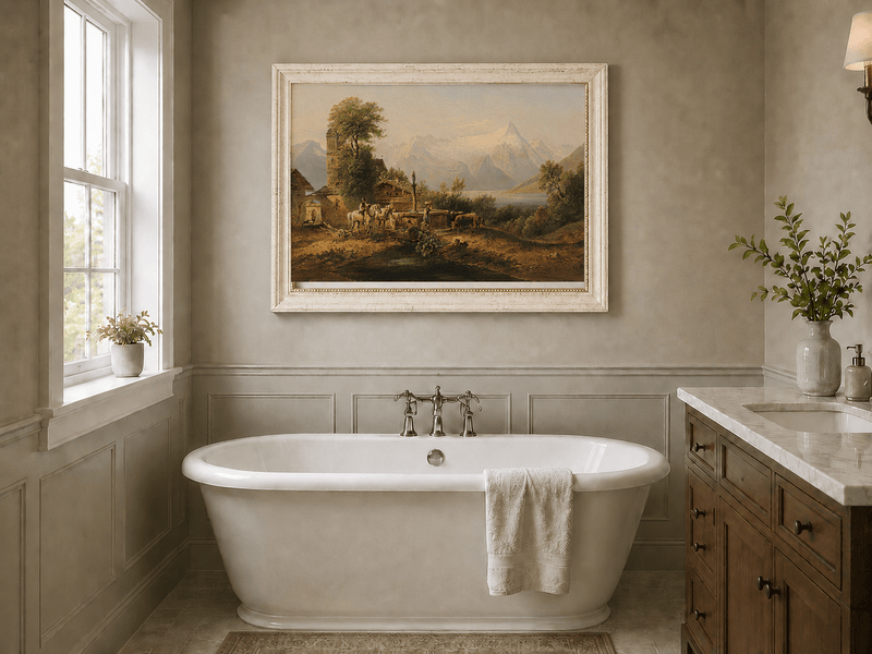 Alpine village with clock tower landscape oil painting presented as interior home decor.