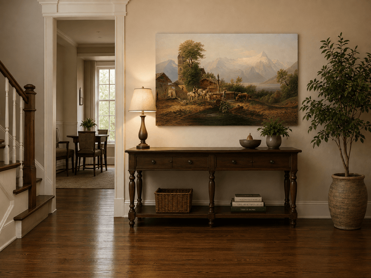 Alpine village and mountain lake landscape painting shown as decorative oil wall art.