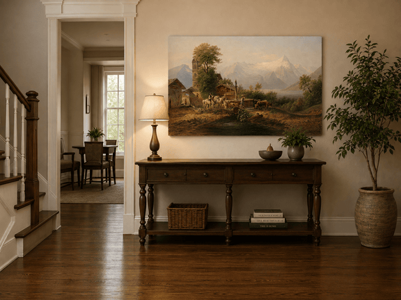 Alpine village and mountain lake landscape painting shown as decorative oil wall art.