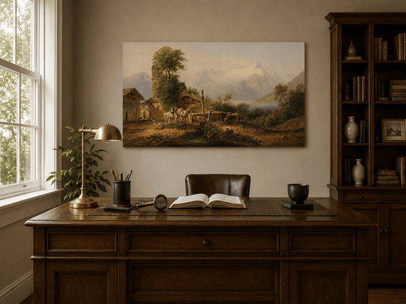 Alpine village with clock tower oil painting displayed as landscape wall decor.