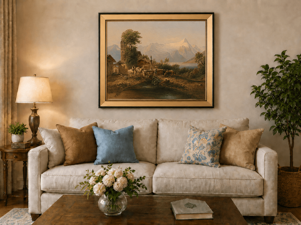 Alpine village with clock tower and snowy mountain lake landscape oil painting displayed in a styled home interior.