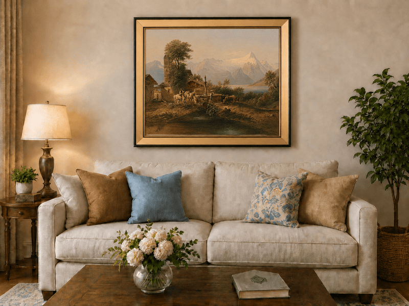 Alpine village with clock tower and snowy mountain lake landscape oil painting displayed in a styled home interior.