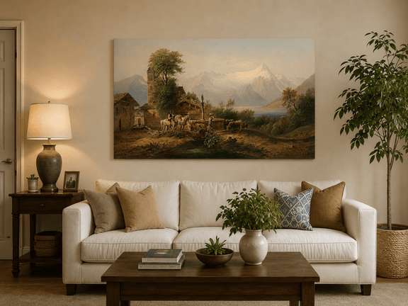 Alpine village and snowy mountains hand-painted oil artwork displayed in a second interior view.