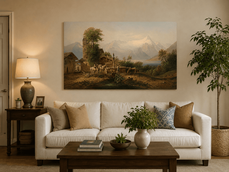 Alpine village and snowy mountains hand-painted oil artwork displayed in a second interior view.