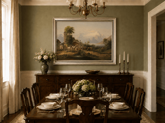 Alpine village and snowy mountain lake oil landscape artwork shown in a styled home interior.