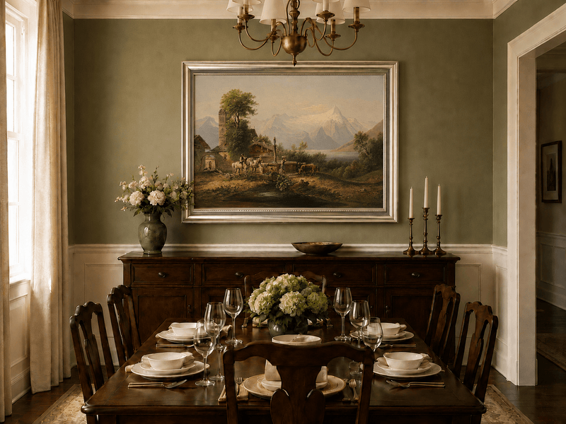 Alpine village and snowy mountain lake oil landscape artwork shown in a styled home interior.