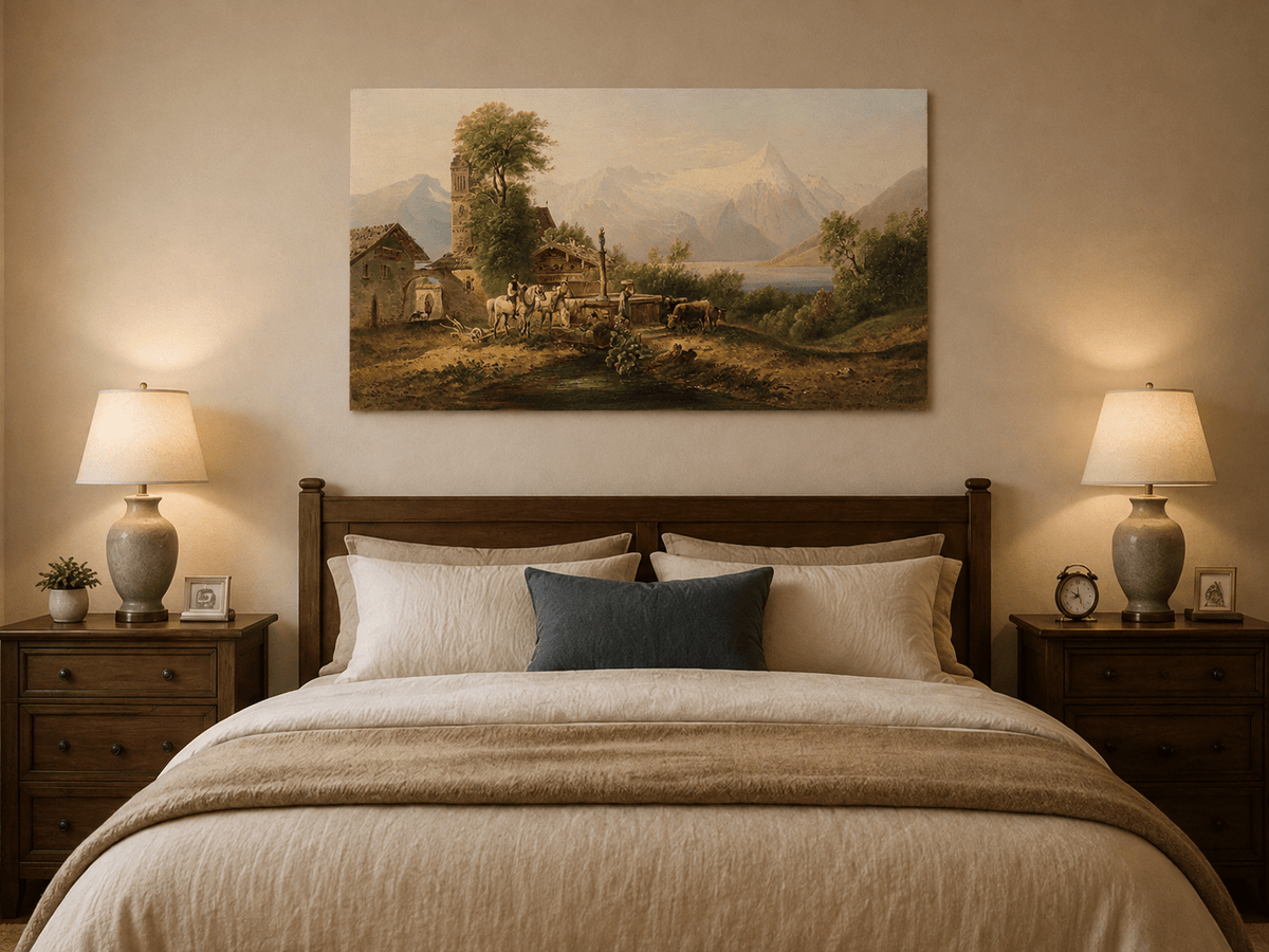 Interior wall art view featuring an alpine village, clock tower and snowy mountain lake oil painting.