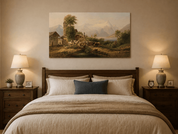 Interior wall art view featuring an alpine village, clock tower and snowy mountain lake oil painting.