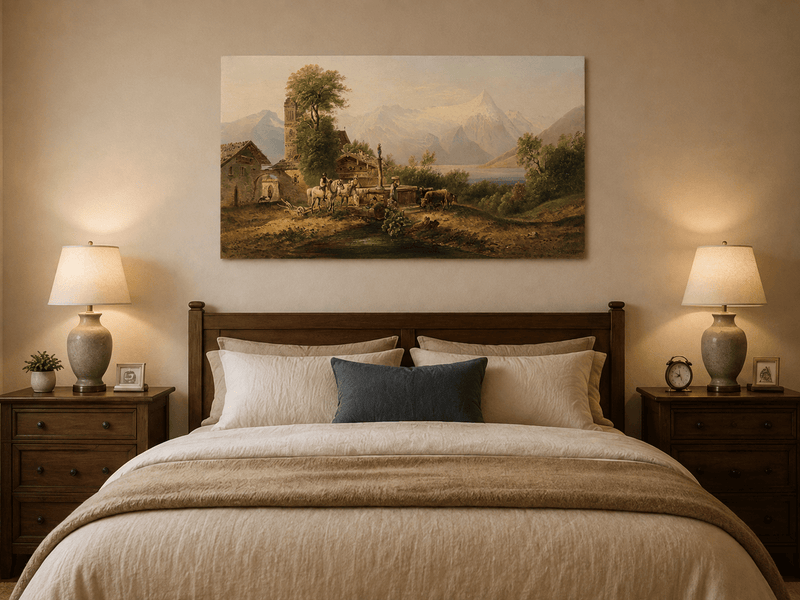 Interior wall art view featuring an alpine village, clock tower and snowy mountain lake oil painting.