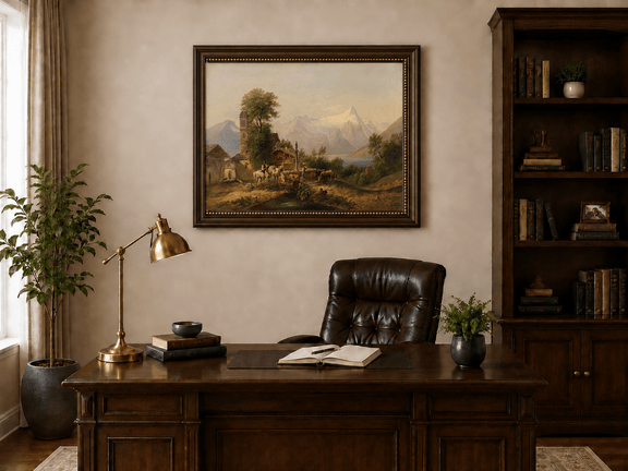 Alpine village and mountain lake landscape oil painting presented in an interior wall art mockup.