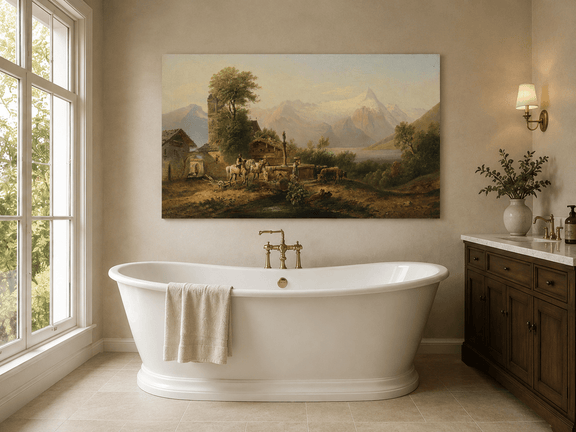 Alpine village, clock tower and snowy mountain lake landscape oil painting presented as styled home decor.