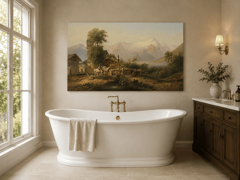 Alpine village, clock tower and snowy mountain lake landscape oil painting presented as styled home decor.