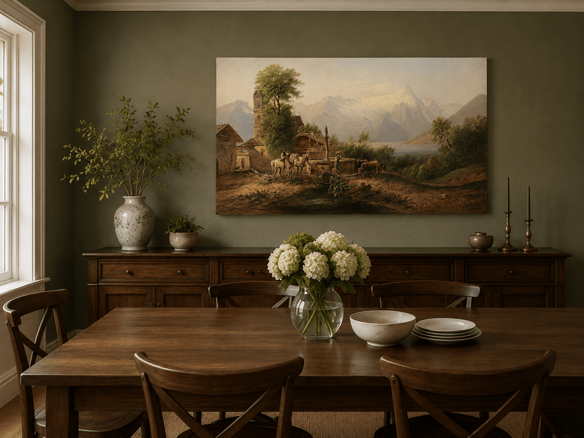 Hand-painted alpine village and snowy mountain lake landscape artwork in an interior display.