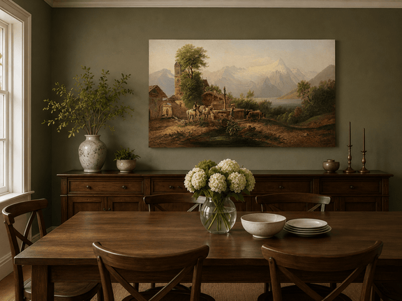 Hand-painted alpine village and snowy mountain lake landscape artwork in an interior display.