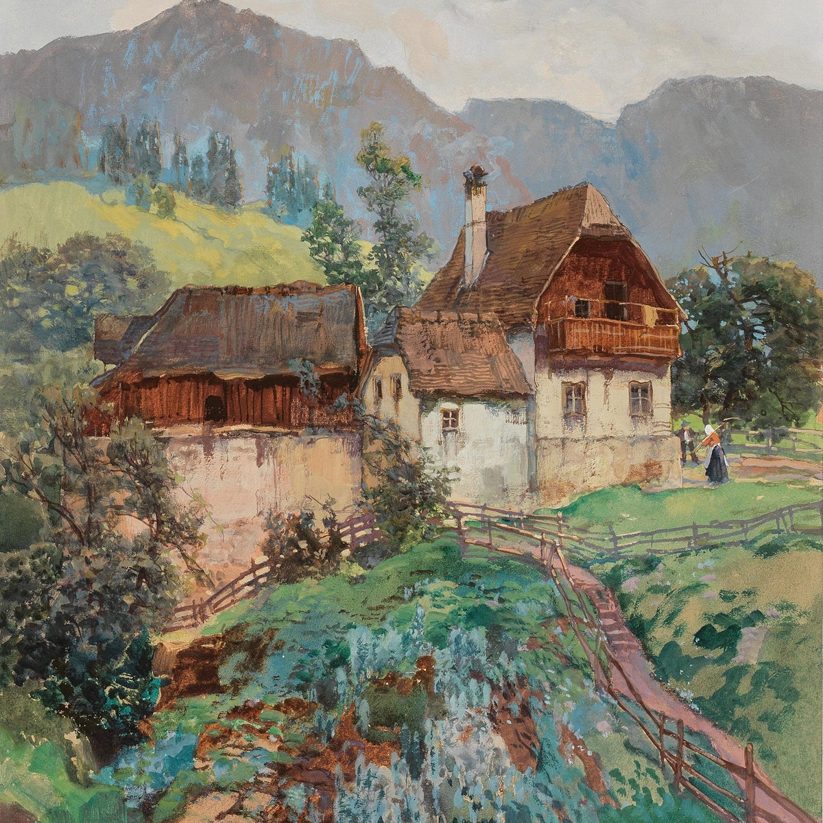 Hand-painted alpine village cottage and mountain view landscape oil painting on canvas