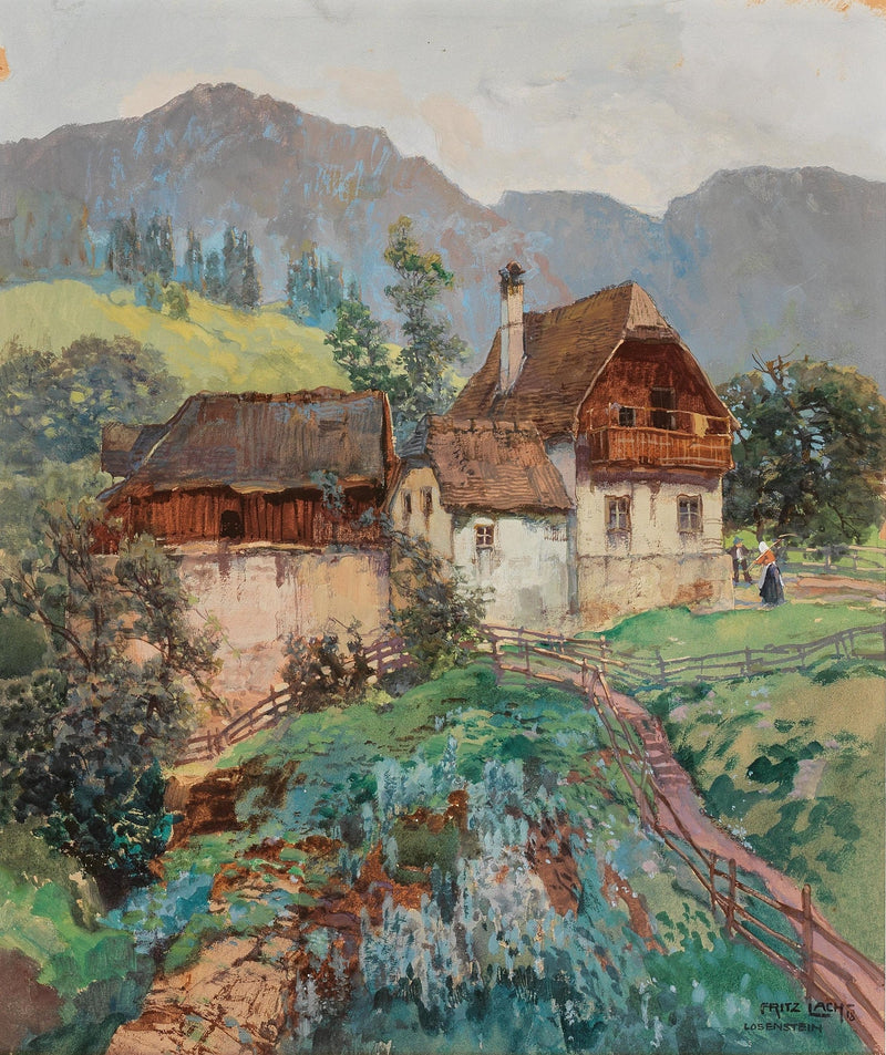 Hand-painted alpine village cottage and mountain view landscape oil painting on canvas