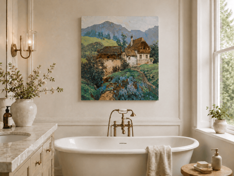 Landschaftsgemälde in Öl – Frühlingsfluss mit Fischer und Bäumen