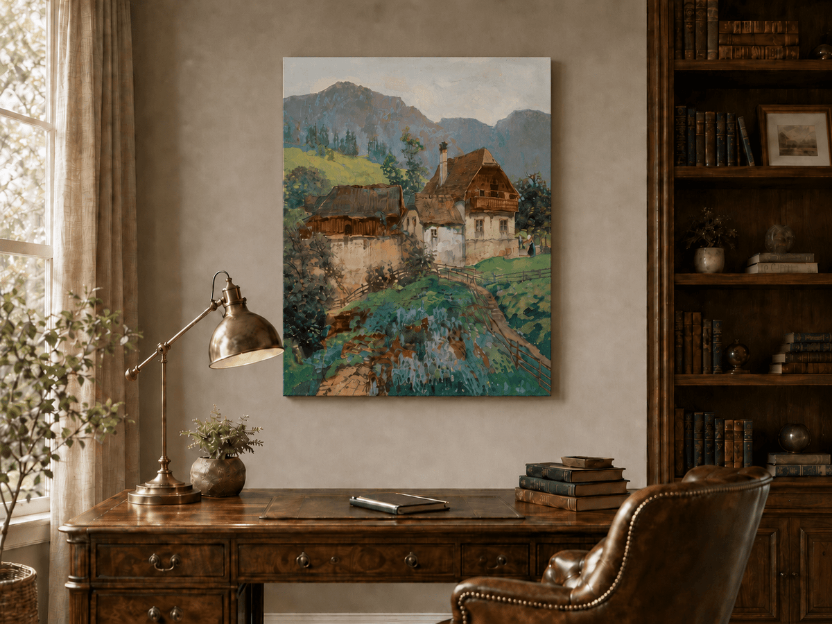 Landschaftsgemälde in Öl – Frühlingsfluss mit Fischer und Bäumen