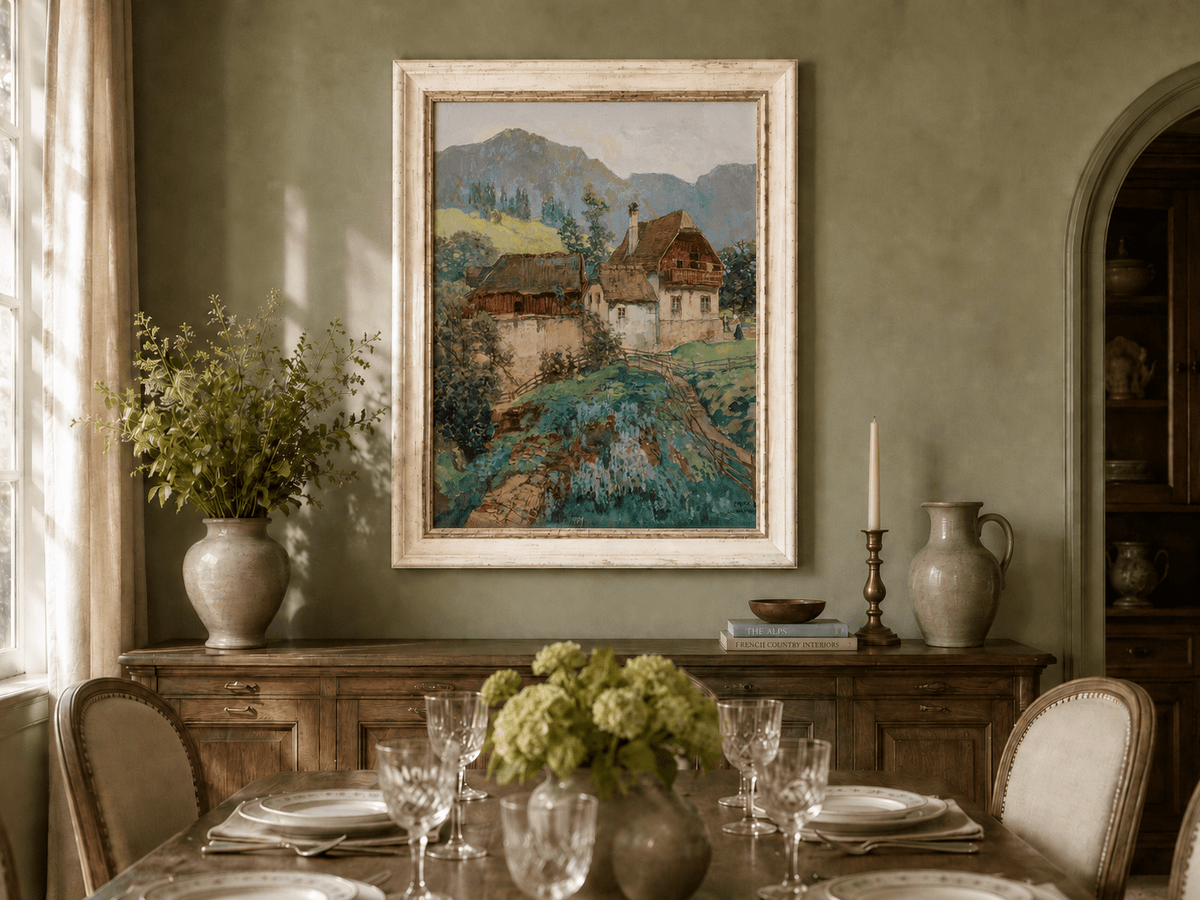 Landschaftsgemälde in Öl – Frühlingsfluss mit Fischer und Bäumen