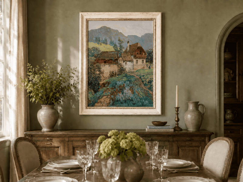 Landschaftsgemälde in Öl – Frühlingsfluss mit Fischer und Bäumen