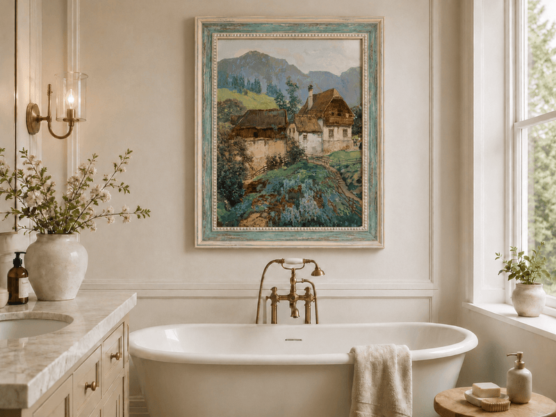 Landschaftsgemälde in Öl – Frühlingsfluss mit Fischer und Bäumen