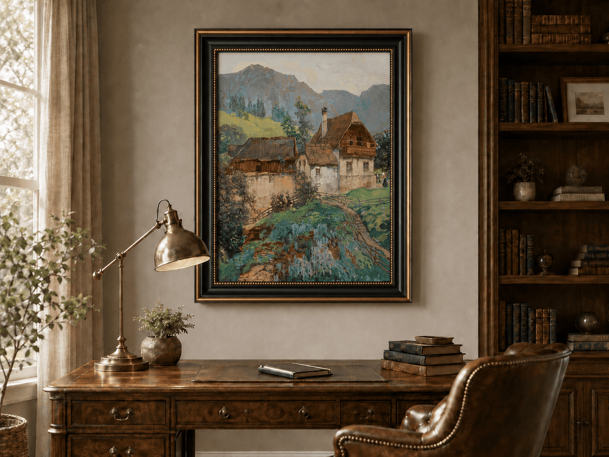 Landschaftsgemälde in Öl – Frühlingsfluss mit Fischer und Bäumen