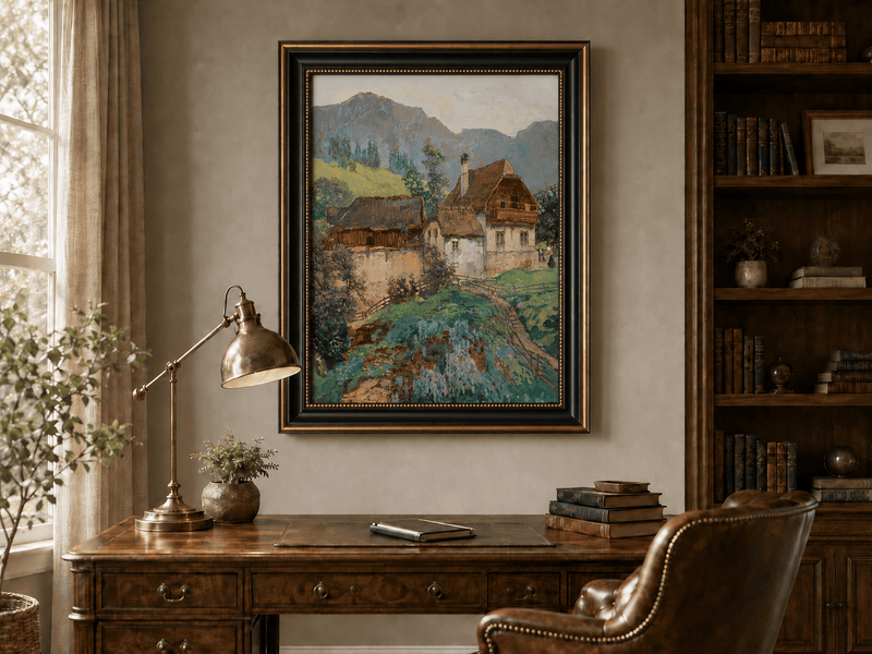 Landschaftsgemälde in Öl – Frühlingsfluss mit Fischer und Bäumen