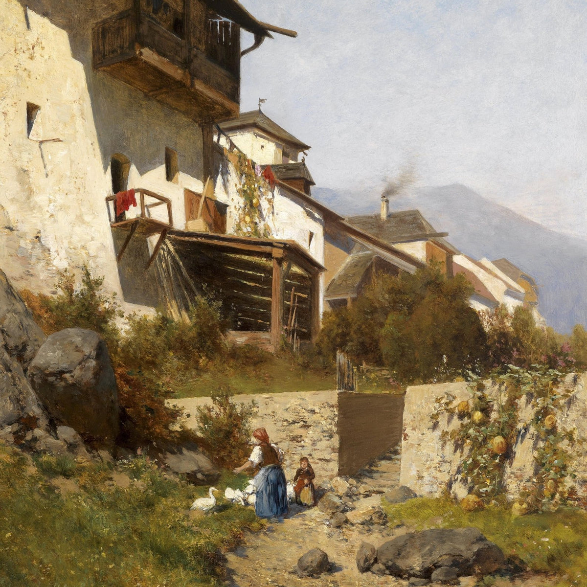 Landscape Oil Painting - Alpine Village Cottage: Woman, Child & Geese - Oil Painting Haven