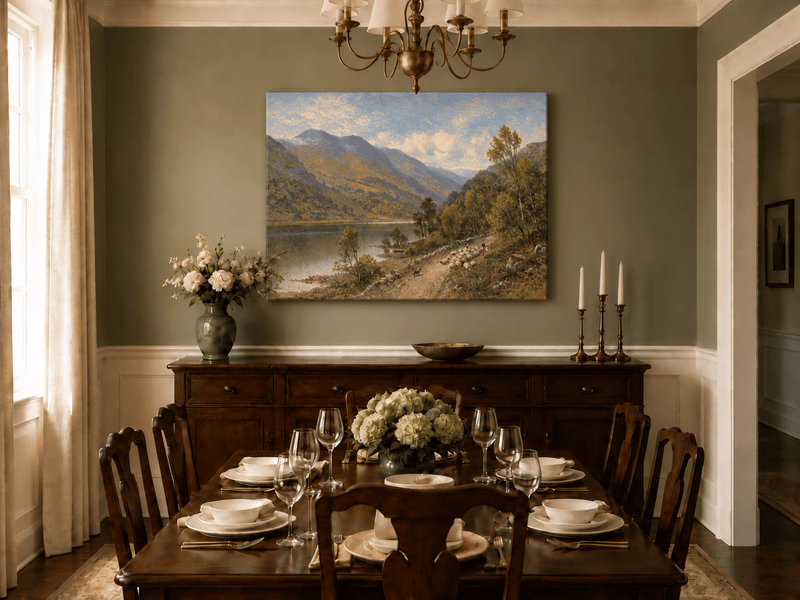 Landscape Oil Painting - Alpine Village in Mountain Valley Scene