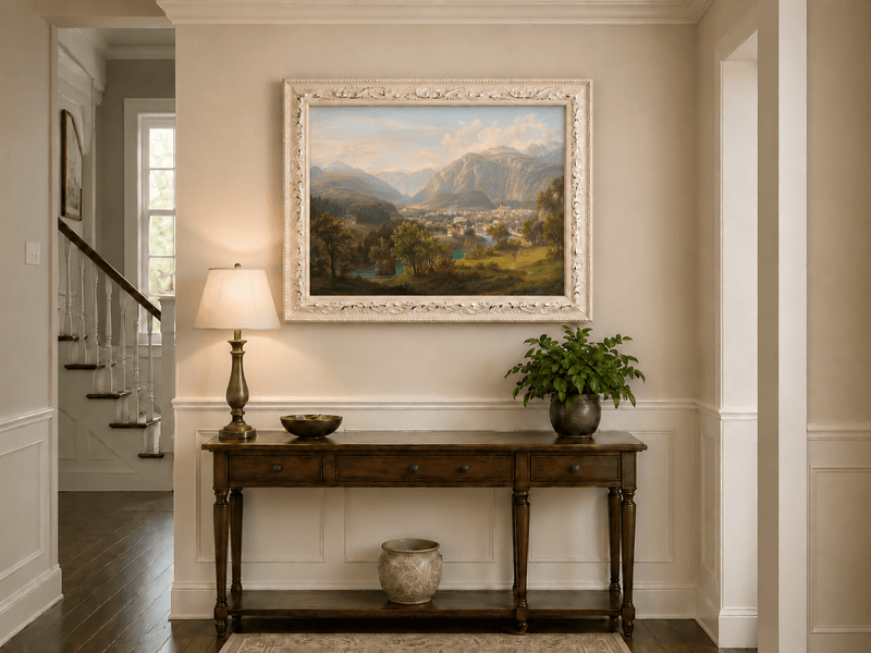 Landscape Oil Painting - Alpine Village in Mountain Valley Scene