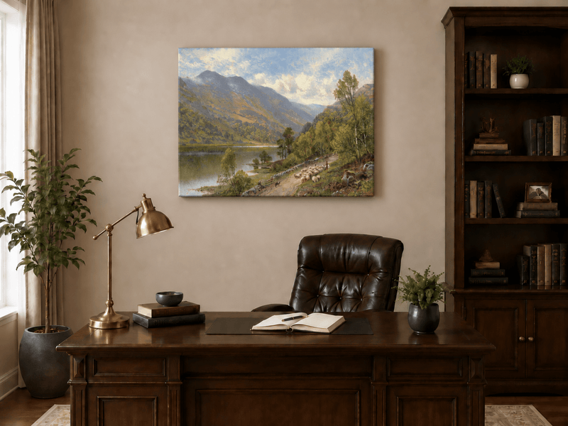 Landscape Oil Painting - Alpine Village in Mountain Valley Scene