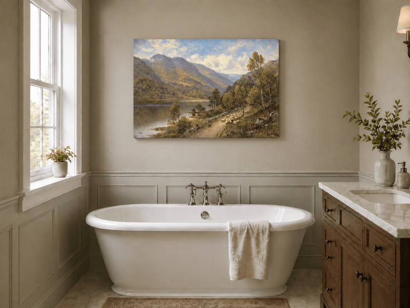Landscape Oil Painting - Alpine Village in Mountain Valley Scene
