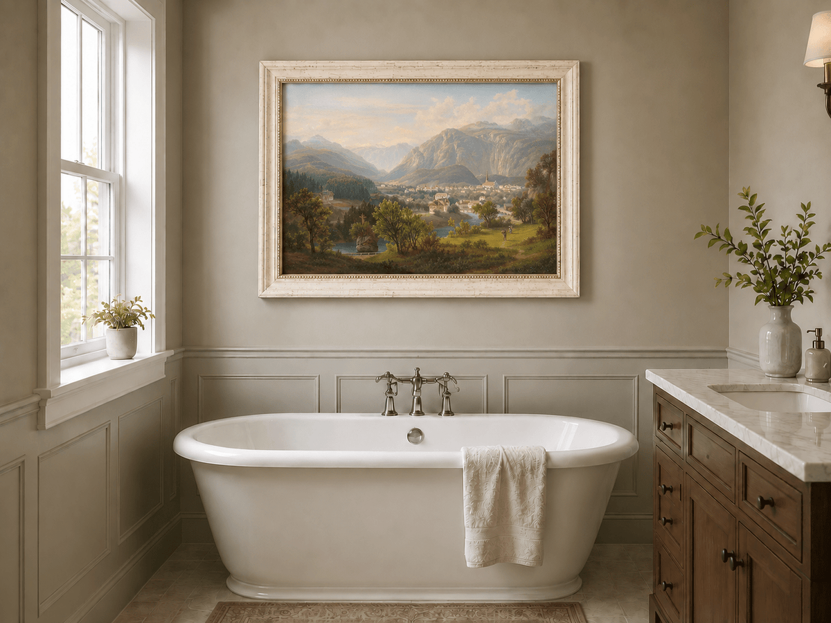 Landscape Oil Painting - Alpine Village in Mountain Valley Scene