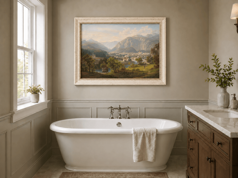 Landscape Oil Painting - Alpine Village in Mountain Valley Scene