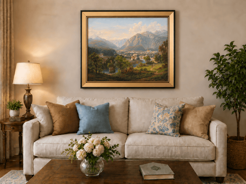 Landscape Oil Painting - Alpine Village in Mountain Valley Scene